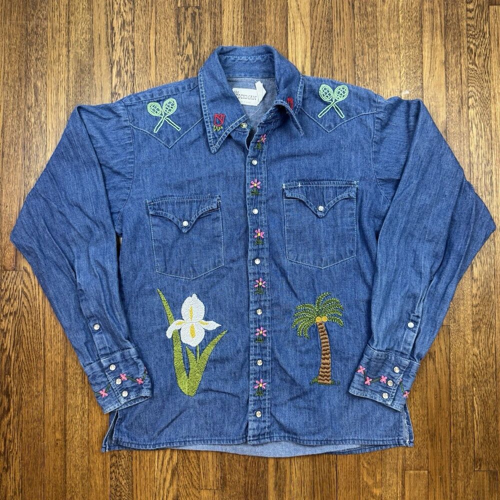 The Stockman Denim Western Shirt, Hand Embroidered, Made in the USA ~Small